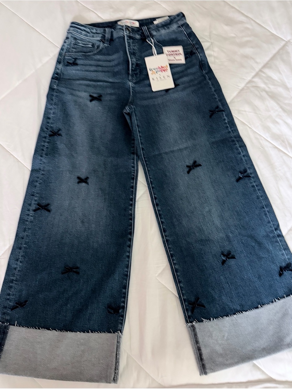 The Freckled Poppy Boutique Wide Leg Embroidered Bow Jeans - Dark Blue
